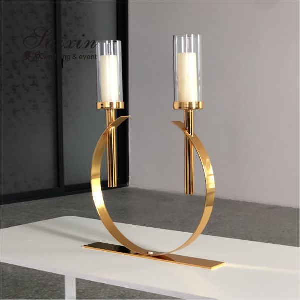 Factory new design wedding decor gold silver circle metal 2 arms candle holders