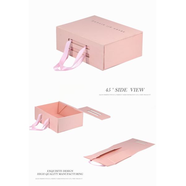 Foldable Pink Magnetic Closure Gift Box With Ribbon Handle Premium Glossy Finish
