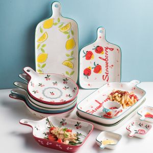 Custom Printing Ceramic Plate Set , Pizza Ceramic Bake Pan With Double Handle