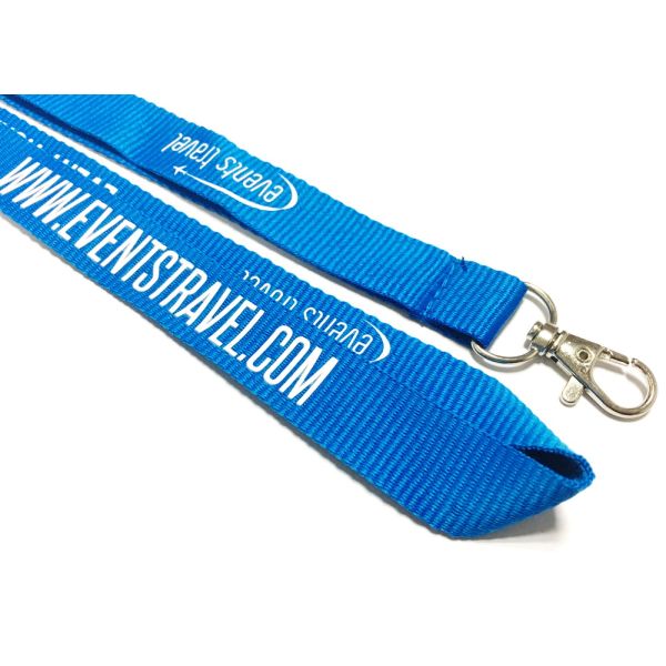 Blue Custom Polyester Lanyard Name Badge Lanyard White Logo Metal Hook For Event