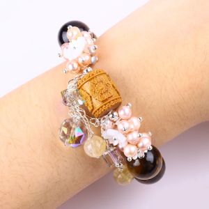 Natural 14MM Gorgeous Tiger Eye And Flower Fresh Water Pearl With Dangle Chain