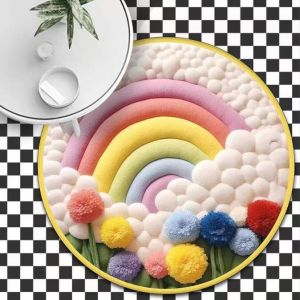 Circular Rainbow Children'S Room Carpet 3D Effect Cartoon Cloud Decorated Carpet
