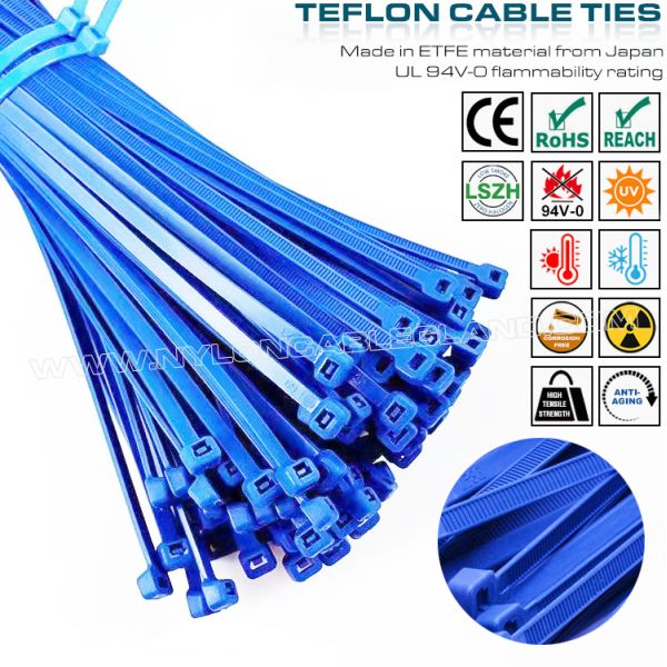 Quality ETFE Blue Cable Tie 3.6x200mm, 94V-0 Fireproof Teflon Cable Tie Temperature Resistant Tefzel Cable Tie for Harsh Environments wholesale