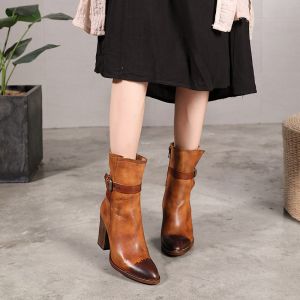 Cheap S196 2020 autumn and winter new pointed high heel retro weathered textured leather boots ethnic style women's shoes fact for sale