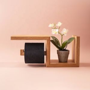 Wooden Toilet Paper Holder with Wall Shelf for WC Roll Easy Storage Natural Wood Oak Material