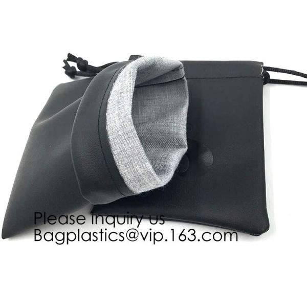 Black Color PU Leather Double Drawstring Protection Headphone Pouch Bag headphone pouchPU Leather Drawstring Promotiona