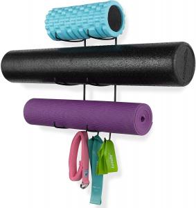 Cheap Wall Mount Yoga Mat Foam Roller Towel Storage Rack With 3 Hooks for sale