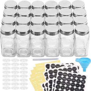 24 Pcs 4oz Glass Square Spice Jars Containers With Spice Labels