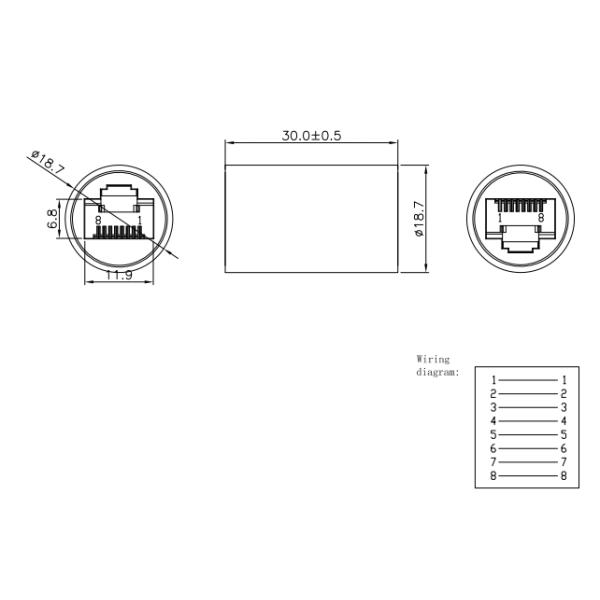180 Degree Aluminum RJ45 Female Adapter With Shell 8P8C Round Straight