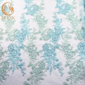 China MDX Mint Green Pattern Lace Fabric 91.44 Cm Length Tulle Beaded Embroidered on sale