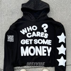 Custom Pullover Rhinestone Hoodies Cropped Puff Printing No Strings Hoodie