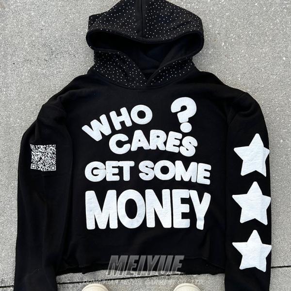 Custom Pullover Rhinestone Hoodies Cropped Puff Printing No Strings Hoodie