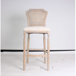 China Wholesale event odd country style bar stool chair rattan back antique bar stools wooden carved with linen fabric barstoo on sale