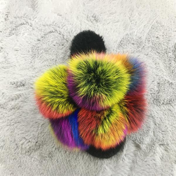 Quality Wholesale Fluffy Slippers Multi - Color Spliced Vamp Furry Slippers For Women Real Fox Fur Slides wholesale