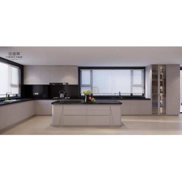 Elegant Grey Stainless Steel Kitchen Cabinet With Curved Island And Multiple