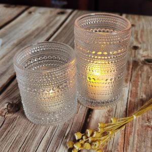 Customized Embossed Beads Strings Glass Votive Candle Holders , Glass Cylinder