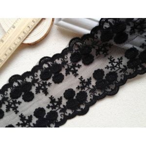 Black Flower Embroidery Tulle Mesh Nylon Lace Trim With Scalloped Edge 4.3''