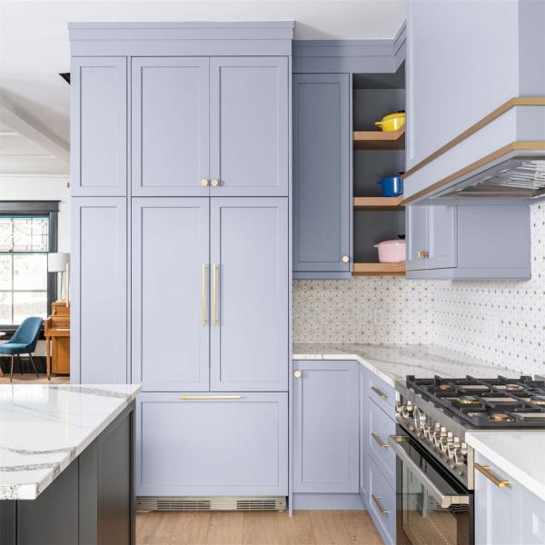Quality Customized Complete Shaker Villa Design Grayish Blue Solid Wood Standard Kitchen Cabinet Timber Cupboard Made in China wholesale