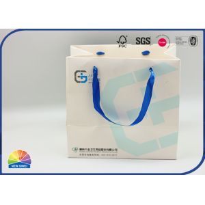 White Coated Paper Shopping Bags Custom Size Matte Lamination With Blue Handle