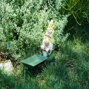 Recycled Small Metal Garden Ornaments Gnome Pushing The Cart With Planter