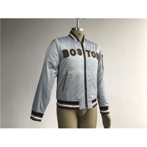 Bluish Grey Mens Polyester Bomber Jacket With Black And Tan Terry Toweling