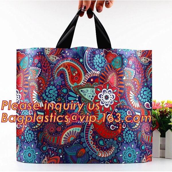 Quality Custom Printed Stand Up Block BottomSoft Loop Handle Plastic Carrier Shopping Bag，Plastic Soft Loop Handle Bag for Shopp wholesale