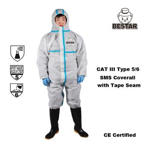 China Type 5/6 SMS Disposable Polypropylene Coveralls Bunny Suit Cat III With Tape Seam on sale