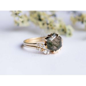 Cheap Large Hexagon Moss Agate Statement Wedding Cluster Ring Set for sale