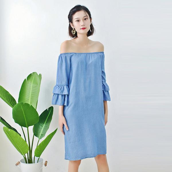 Quality Ladies Off Shoulder Denim Blouses And Tops Long Dress With Super Soft Lyocell wholesale