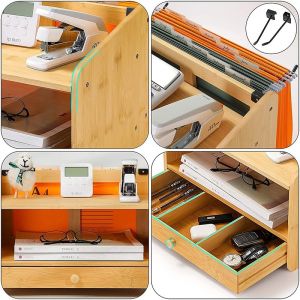 Standing Type Non-folding Rack Bamboo Desk Organizer with Drawer and Storage