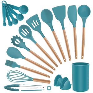 Non-stick Silicone Kitchen Utensils Wooden Handle with Holder Spatula Spoon