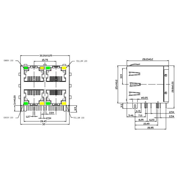 XRJD-S-22-8-8-4 China Single Port 2x2 Port Side Entry Pcb Jack Manufactures LPJE107-0AHNL