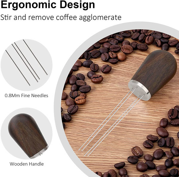 Natural Wood Handle Espresso Needle Distributor Tool With Wood Stand