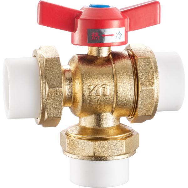 Quality 3203 Three Way Cold-Hot Switching Brass Valve Ball Type Sizes DN20 DN25 with Equal Tee PP-R or FxMxM Pipe Connections wholesale