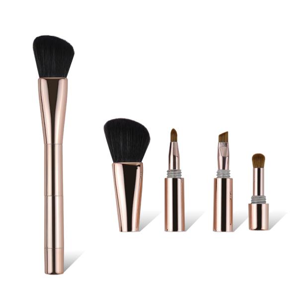 Shiny Rose Gold Portable Travel Makeup Brush Plastic Handle Mini 4 In 1