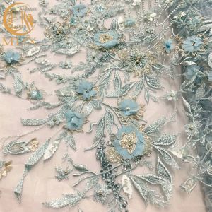 20% Polyester Blue 3D Flower Lace Fabric For Evening Gown