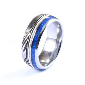 China Men's Hunting Damascus Steel Wedding Bands 8mm Blue Opal Silver Guitar String Inlay on sale