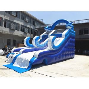 Blue Small Inflatable Dolphin Slide With PVC Material / Blow Up Climbing Wall