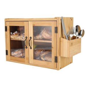 Direct 2 Tier Wall Mounted Bamboo Bread Box with Clear Window and Silverware