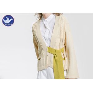 Maroon Open Front Womens Knit Cardigan Sweaters Contrast Color Knitting Belt