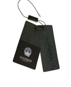 China Bespoke Paper Clothing Brand Hang Tags And Labels Perforated Garment Tags Printing on sale