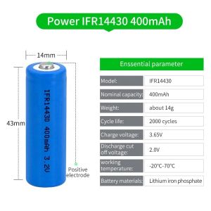Lithium Phosphate LiFePO4 Size 14430 Rechargeable Solar Battery 3.2 V 400mah