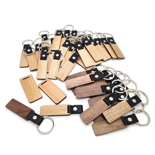 Customizable Leather Wood Keychains Engraving - Walnut Beech Wood