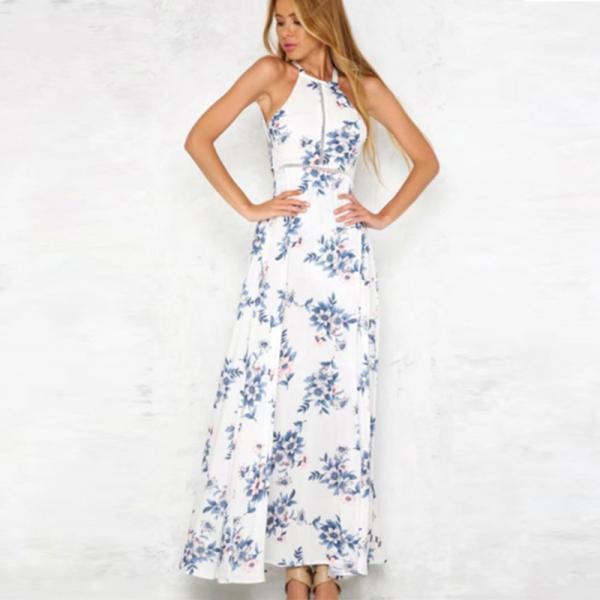 Bohemian Halter Backless Sleeveless Floral Printed Slit Maxi Long Dress for Woman