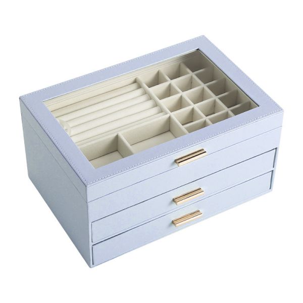 Blue PU Leather Jewelry Box with Flip Lid and Transparent Window for Large