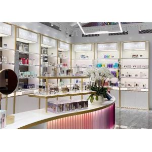 Golden Luxury Cosmetic Display Cabinet 4 Layers With Acctrative Advertising