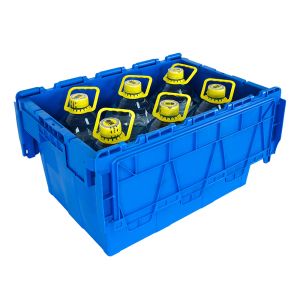 Solid Box Heavy Duty Plastic Crate with Attached Lid Nestable Stackable Tote