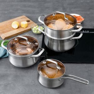 Cheap Factory Kitchen 304 Stainless Steel Steamer Pot Soup Pot Milk Pot Cooking Ware With Lid for sale