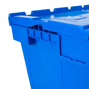 Solid Box Heavy Duty Plastic Crate with Attached Lid Nestable Stackable Tote