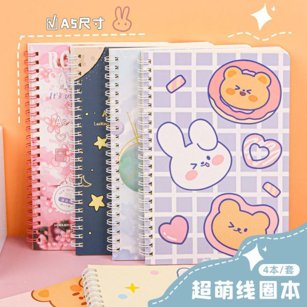 Quality Custom Logo A5 Kawaii Cute Hardback Spiral Coil Notebooks 4pcs Diary with 60 Sheets A5 Size PP Cover Office Supplies wholesale